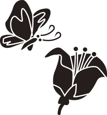 Kelebekli çiçek, beyaz arkaplanda izole edilmiş basit siyah beyaz çizim