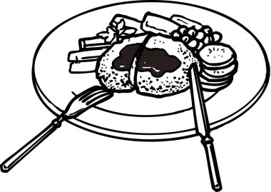 Salatalı biftek, beyaz arkaplanda izole edilmiş siyah beyaz resim.