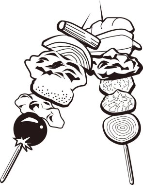 Şişler üzerinde sebze ve ortalama, beyaz arka planda izole edilmiş basit siyah beyaz illüstrasyon