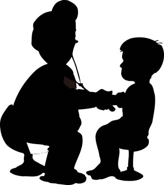 Doktor steteskoplu çocuğu dinler. Beyaz arka planda izole edilmiş siyah beyaz bir illüstrasyon.