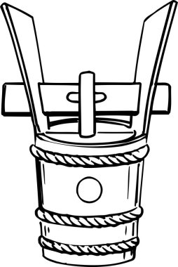  Japon pirinç ölçüm kovası, beyaz arka planda izole edilmiş basit siyah beyaz çizim.