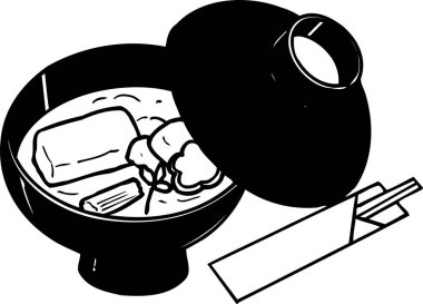 Çorbalı kase, beyaz arka planda izole edilmiş siyah beyaz resim.