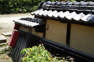 Yeşil bitkiler ve ağaçlarla çevrili geleneksel Japon evi.