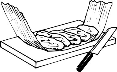 Büyük bir yaprak ya da bambu kılıfına yerleştirilmiş dilimlenmiş balık, beyaz arka planda izole edilmiş siyah ve beyaz bir illüstrasyon.