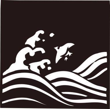 Deniz dalgaları, siyah arkaplanda izole edilmiş basit siyah beyaz çizimler.