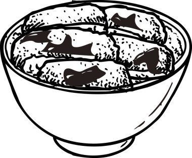 Beyaz arka planda izole edilmiş, basit siyah beyaz resimli yemek kasesi.