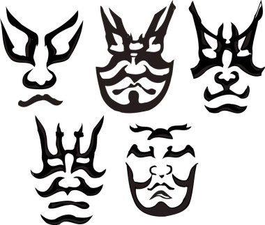 Beyaz arkaplanda izole edilmiş beş adet siyah maske ya da yüz desenleri, basit siyah beyaz çizimler.
