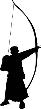 Okçu silueti, beyaz arkaplan üzerinde ok ve yay.
