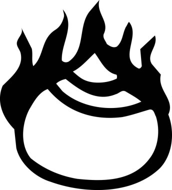 Dairesel bir zeminden yükselen soyut bir alev ya da ateşin resmi, beyaz arkaplanda izole edilmiş siyah beyaz bir illüstrasyon