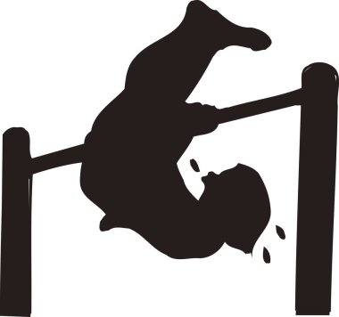 Yatay bir çubuk üzerinde akrobatik manevra yapan kişi, beyaz arkaplanda izole edilmiş basit siyah beyaz çizim