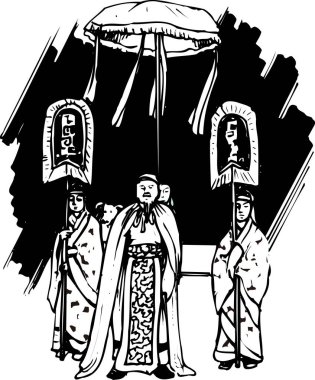  Beyaz arka planda izole edilmiş, üç figürlü, basit siyah-beyaz resimli bir tören alayı.