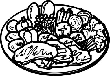 Beyaz arka planda izole edilmiş basit siyah beyaz illüstrasyon, çeşitli yiyecek öğeleriyle dolu oval tabaklar