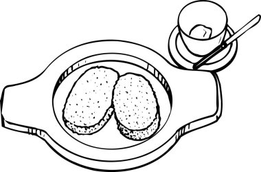 İki tost tepsisi ve tereyağı ile servis tepsisi, beyaz arka planda izole edilmiş basit siyah ve beyaz çizimler.