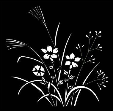 Çiçeksel elementlerle siyah beyaz Japon stili çizimler