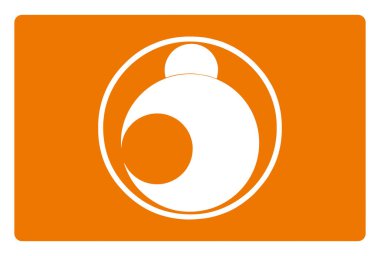 Minimalist, turuncu arkaplan üzerinde daha küçük yuvarlak daireler olan dairesel beyaz amblem.