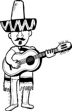 Meksika gitarıyla çalan adam, beyaz arka planda izole edilmiş siyah beyaz çizim.