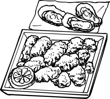 Kızarmış istiridye çizimi, yemek konsepti