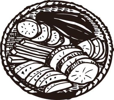 Tabakta dilimlenmiş sebzeler, beyaz arka planda izole edilmiş siyah beyaz çizimler.