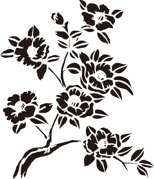 Czarny Biały Japoński Styl Ilustracja Kwiatowymi Elementami — Zdjęcie stockowe