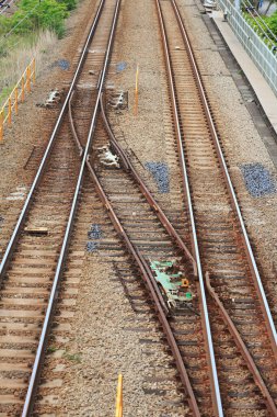 Birden fazla tren yolu güneşli bir öğleden sonra bir kavşakta kesişir.