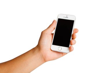 Beyaz izole edilmiş arka planda bir cep telefonu tutmak