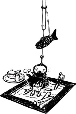 Eski Japon sobası, beyaz arkaplanda izole edilmiş siyah beyaz çizimler.