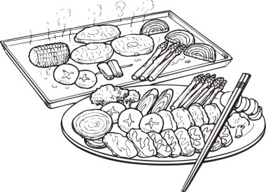 Tabaklarda kızarmış sebze ve et, beyaz arka planda izole edilmiş siyah ve beyaz çizimler.