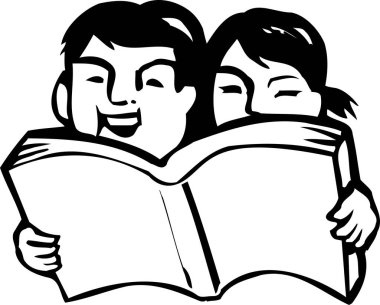 İki çocuk birlikte kitap okuyor, beyaz arka planda izole edilmiş basit siyah beyaz çizimler.