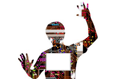 Elleri havada bir figürün silueti, içi boş beyaz göğüs paneliyle dolu renkli devre kartı kalıplarıyla doludur..