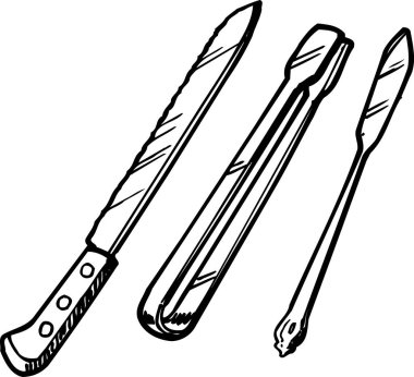 farklı mutfak gereçleri, beyaz arkaplanda izole edilmiş basit siyah beyaz çizimler