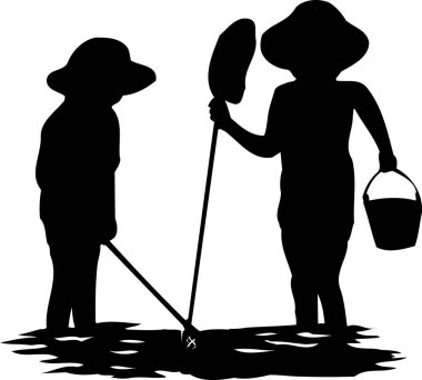 Sahildeki çocuklar, beyaz arka planda izole edilmiş basit siyah beyaz çizimler.