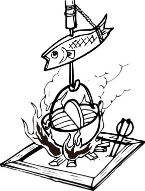 Geleneksel Japon yemek sahnesi beyaz arka planda izole edilmiş, muhtemelen bir irori, basit siyah ve beyaz bir illüstrasyon