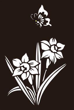 Çiçeksel elementlerle siyah beyaz Japon stili çizimler