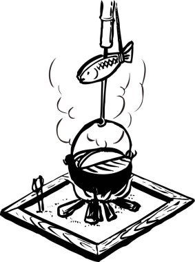 Geleneksel Japon yemek sahnesi beyaz arka planda izole edilmiş, muhtemelen bir irori, basit siyah ve beyaz bir illüstrasyon