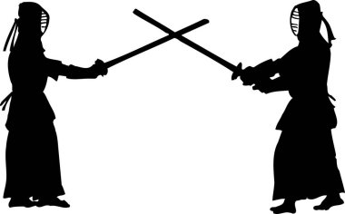 İki samurayın silueti kılıçlarla, resimlerle savaşıyor.