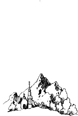 Dağlardaki kilise binası, beyaz arka planda izole edilmiş siyah beyaz çizimler.