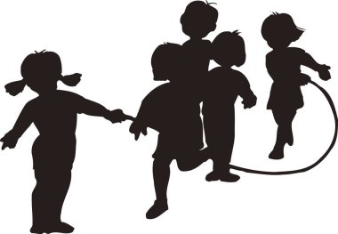 Birlikte oynayan bir grup çocuk, beyaz arka planda izole edilmiş basit siyah beyaz çizimler.