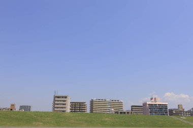 modern binalar ve yeşil çimenler