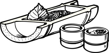 Soğuk erişte için Japon servis sistemi, beyaz arka planda izole edilmiş siyah beyaz resim.