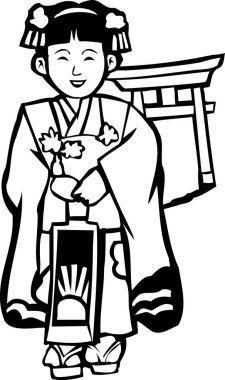 Kimono giyen tatlı Japon kadın, beyaz arka planda izole edilmiş siyah beyaz bir resim.