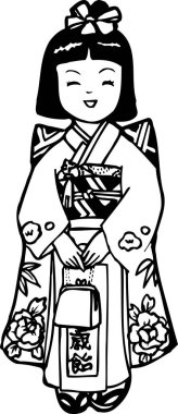 Kimono giyen tatlı Japon kız, beyaz arka planda izole edilmiş siyah beyaz bir resim.