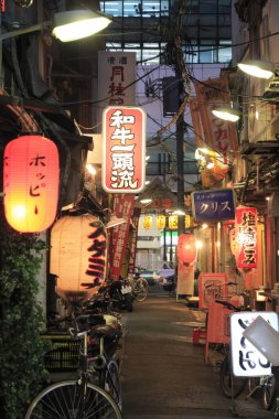 Geleneksel fenerlerle Japonya 'daki şehir manzarası