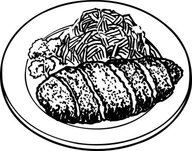 Dilimlenmiş biftekli salata, beyaz arka planda izole edilmiş siyah beyaz illüstrasyon