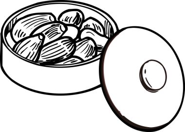 İncirli kâse, beyaz arka planda izole edilmiş siyah beyaz çizimler.