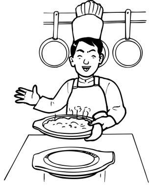 Şef taze pişmiş yemek hazırlıyor. Beyaz arka planda izole edilmiş siyah beyaz çizimler.