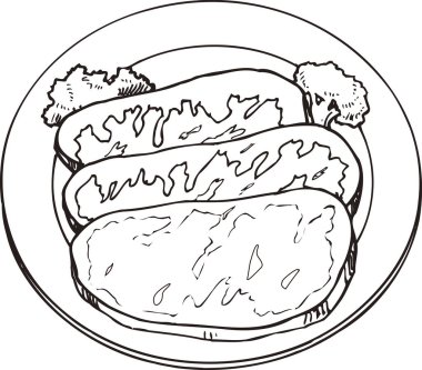 Salata yapraklı et biftekleri, beyaz arka planda izole edilmiş siyah beyaz çizimler.