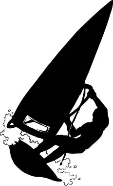 Eylemdeki rüzgar sörfçüsü, beyaz arkaplanda izole edilmiş basit siyah beyaz illüstrasyon