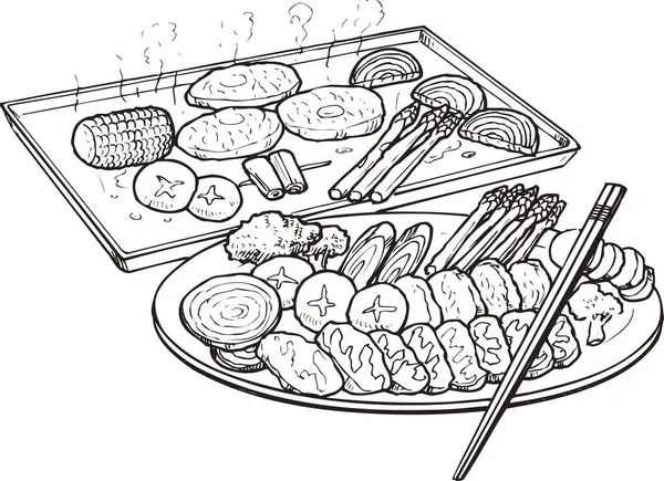 Tabaklarda kızarmış sebze ve et, beyaz arka planda izole edilmiş siyah ve beyaz çizimler.