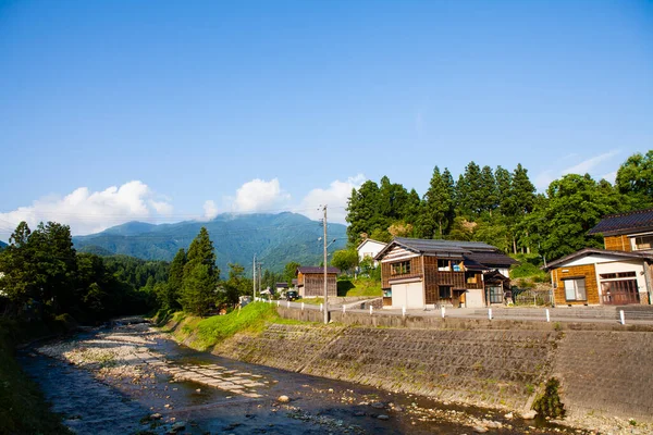 Village Japonais Avec Montagne Rivière — Photo