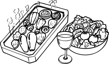 sıcak tencere ve salata ana hatları illüstrasyon, yemek kavramı